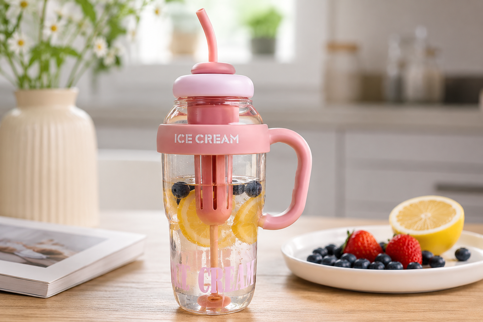 1300ML Ice Cream Fruit Infuser Water Bottle with Straw & Handle – Leakproof Tea Infuser Tumbler