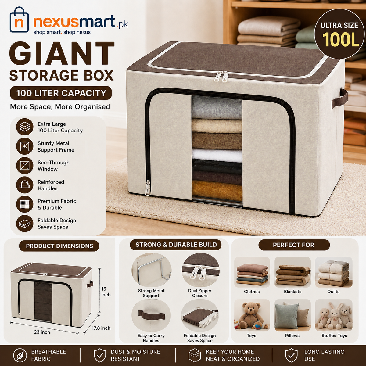 100L Ultra Large Cloth Storage Box with Metal Support Frame – Foldable Home Organizer