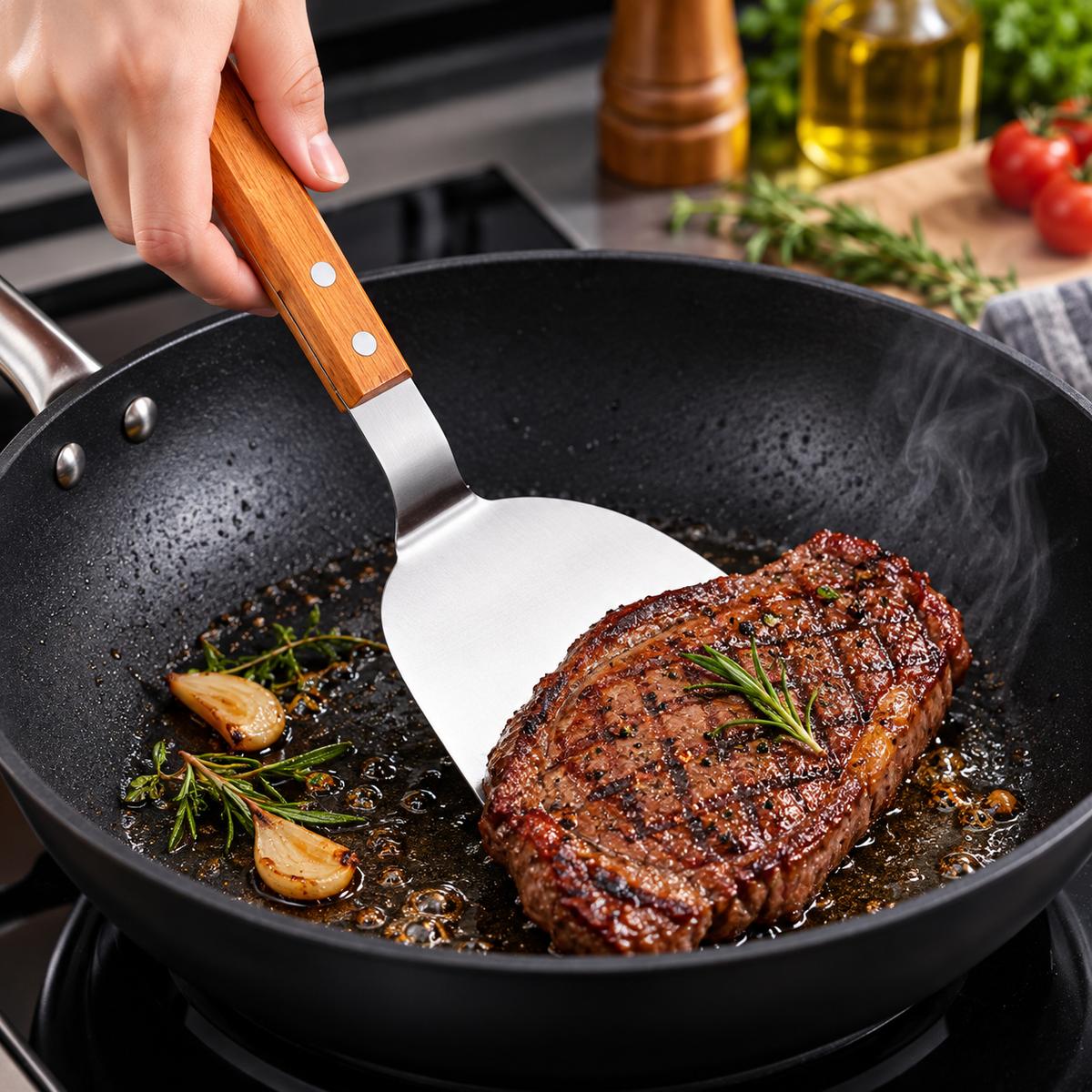 Stainless Steel Cooking Shovel with Wooden Handle – Non-Slip Kitchen Spatula