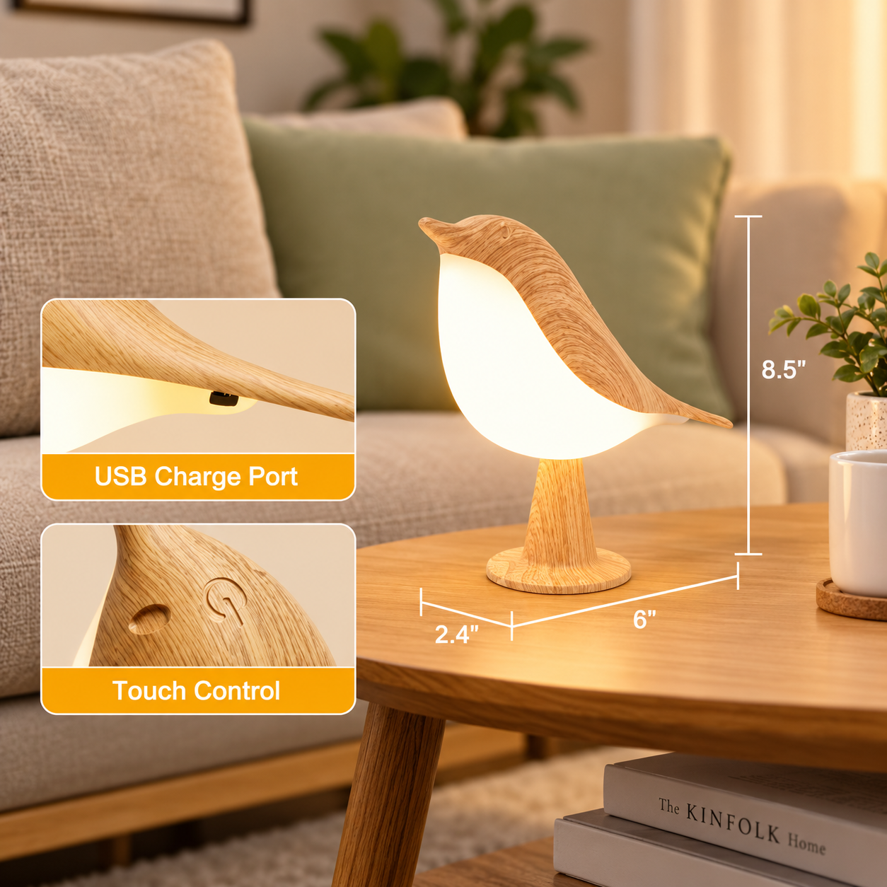 Touch LED Bird Lamp – Wooden Rechargeable Desktop Night Light