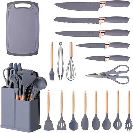 19-Piece Premium Silicone Kitchen Utensils Set with Holder, Knives & Cutting Board
