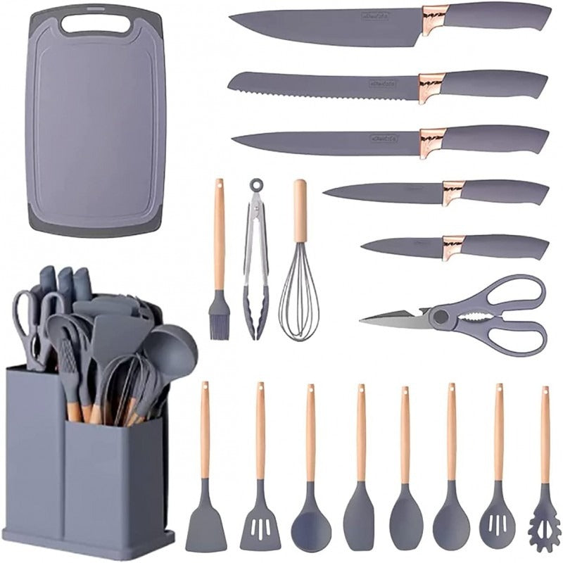 19-Piece Premium Silicone Kitchen Utensils Set with Holder, Knives & Cutting Board