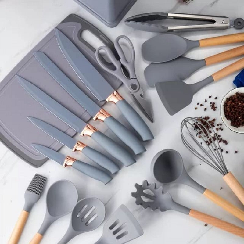 19-Piece Premium Silicone Kitchen Utensils Set with Holder, Knives & Cutting Board