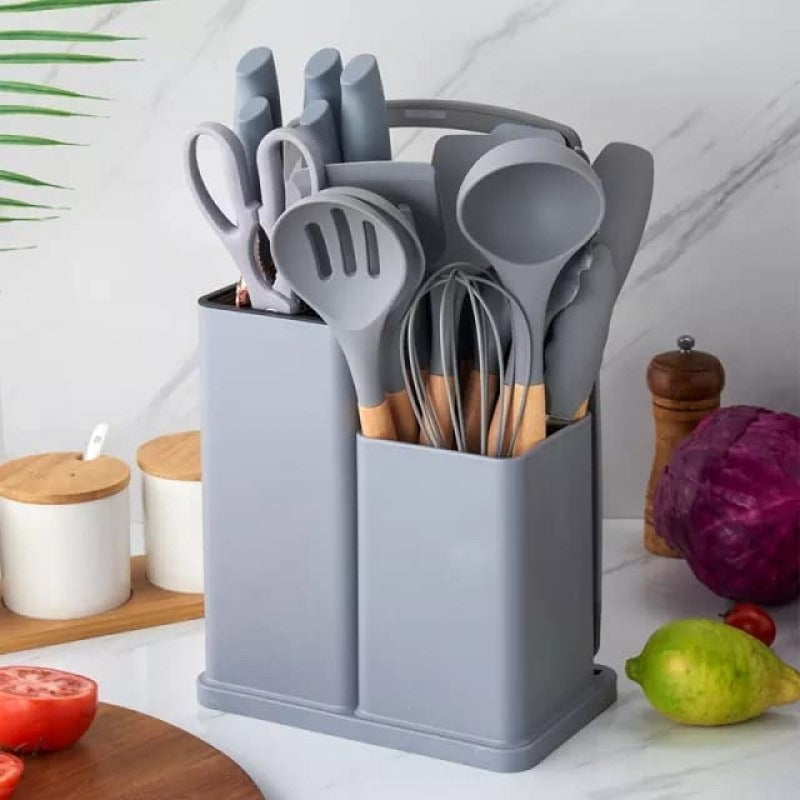 19-Piece Premium Silicone Kitchen Utensils Set with Holder, Knives & Cutting Board