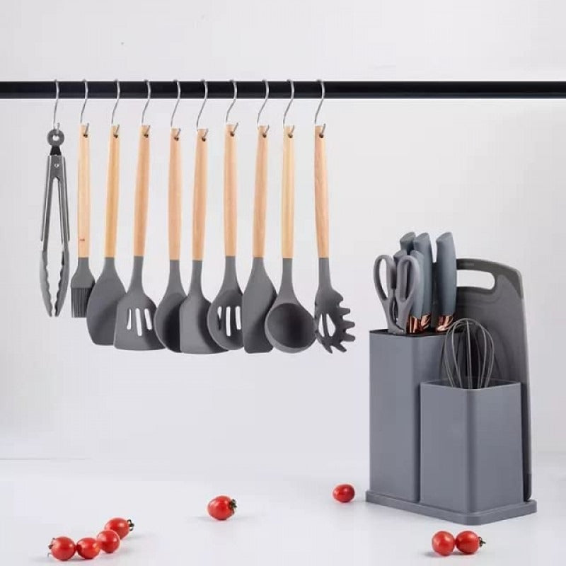 19-Piece Premium Silicone Kitchen Utensils Set with Holder, Knives & Cutting Board
