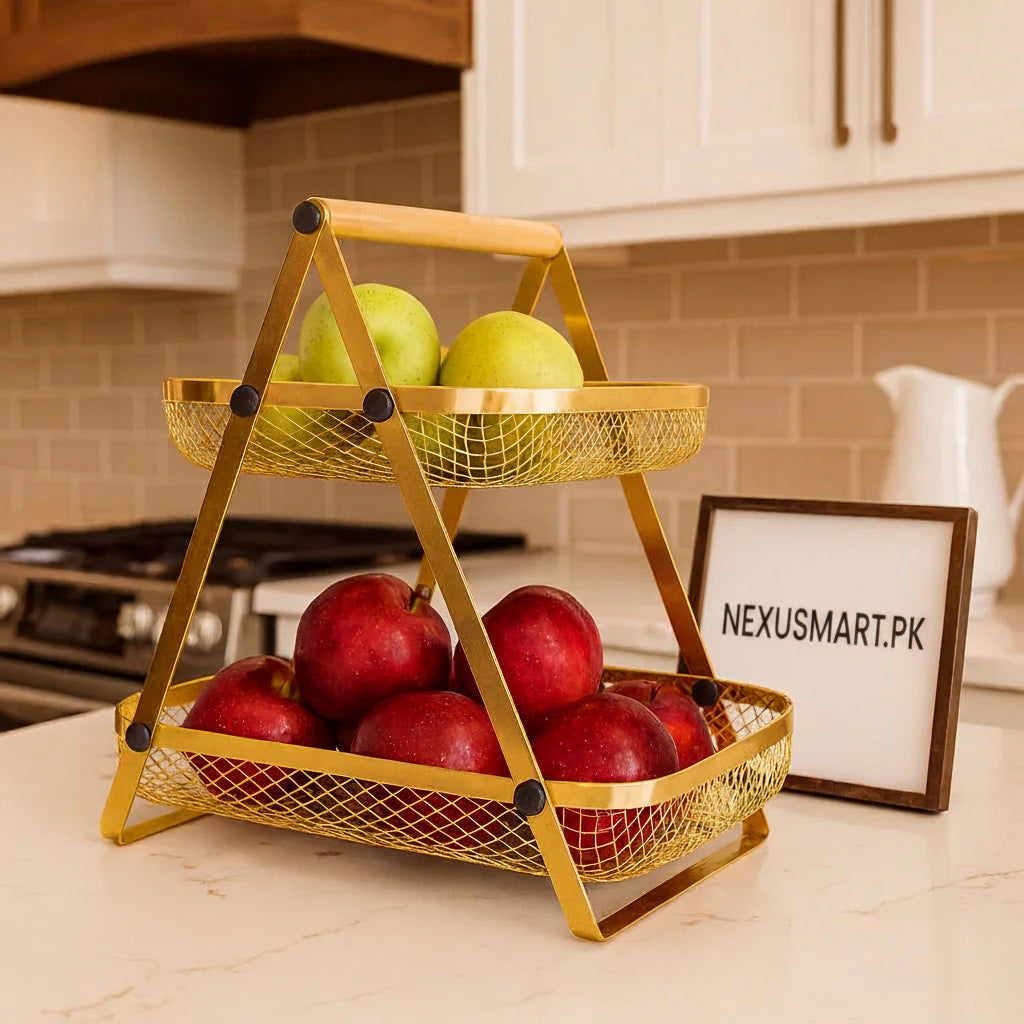 Golden 2-Tier Fruit Basket Stand – Elegant Gold Organizer