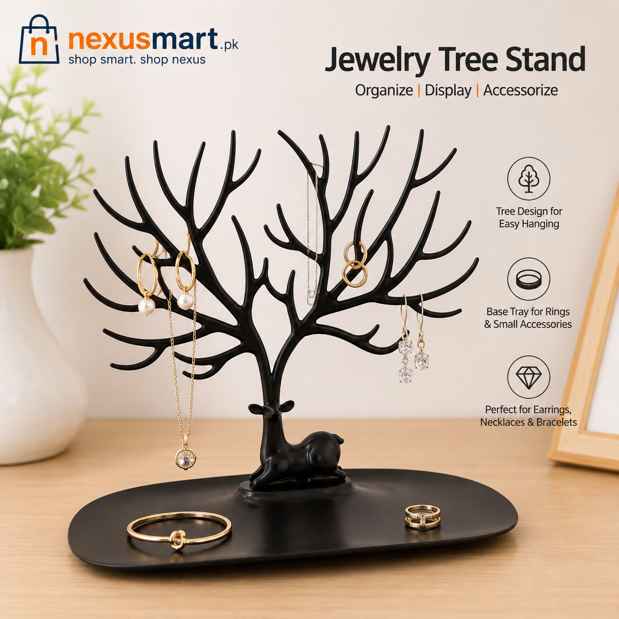 Jewelry Tree Stand with Tray – Earrings, Necklace, Bracelet & Ring Organizer