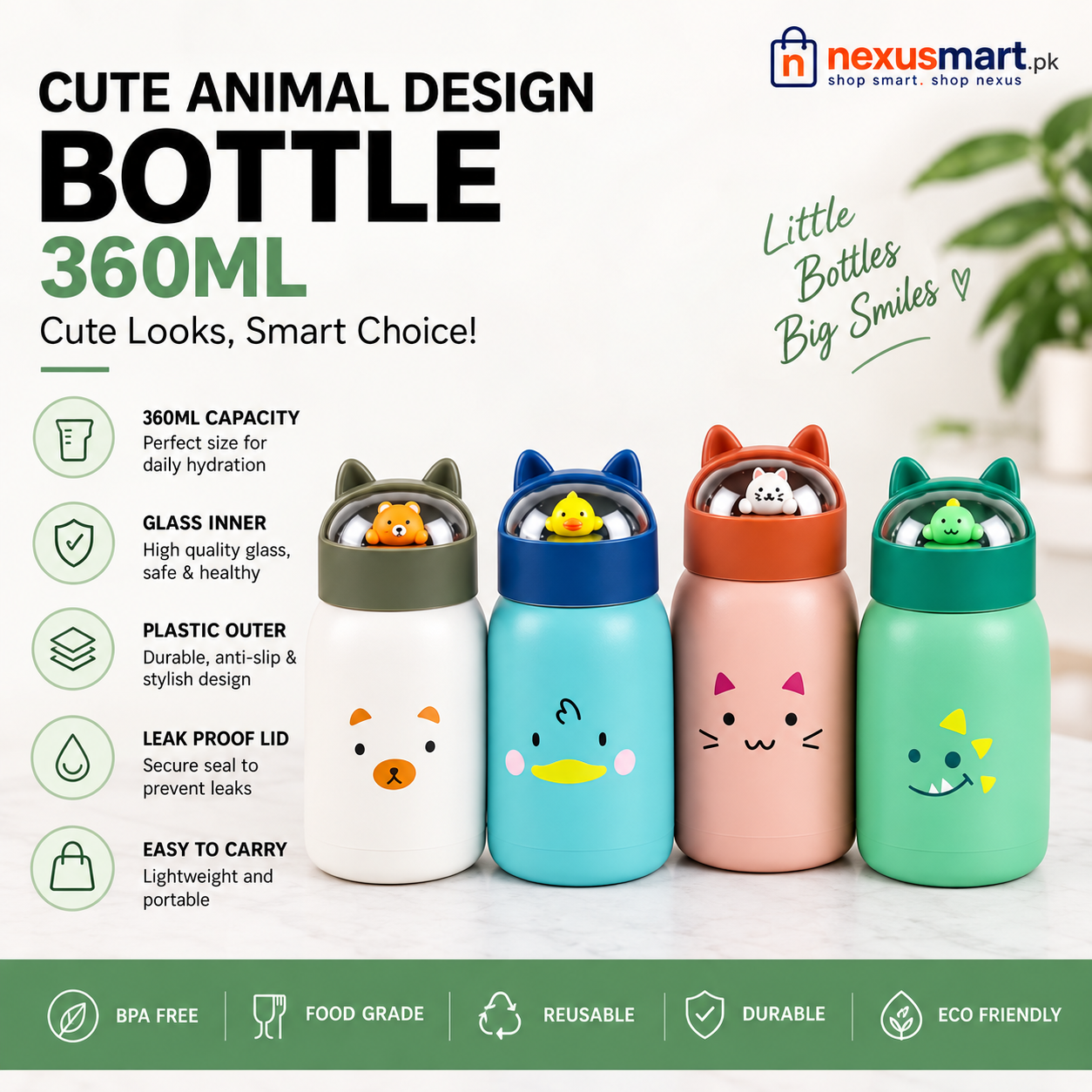 360ml Animal-Design Water Bottle – Cute Compact Reusable Bottle