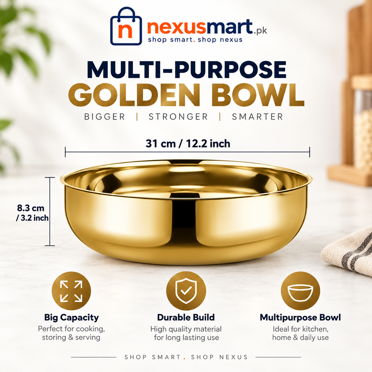 Big Capacity Golden Bowl with Lid – Multipurpose Serving & Storage Bowl