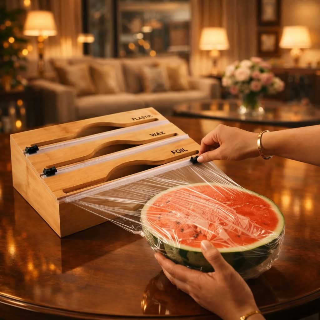 Bamboo Wrap Dispenser with Cutter – Kitchen Roll Organizer