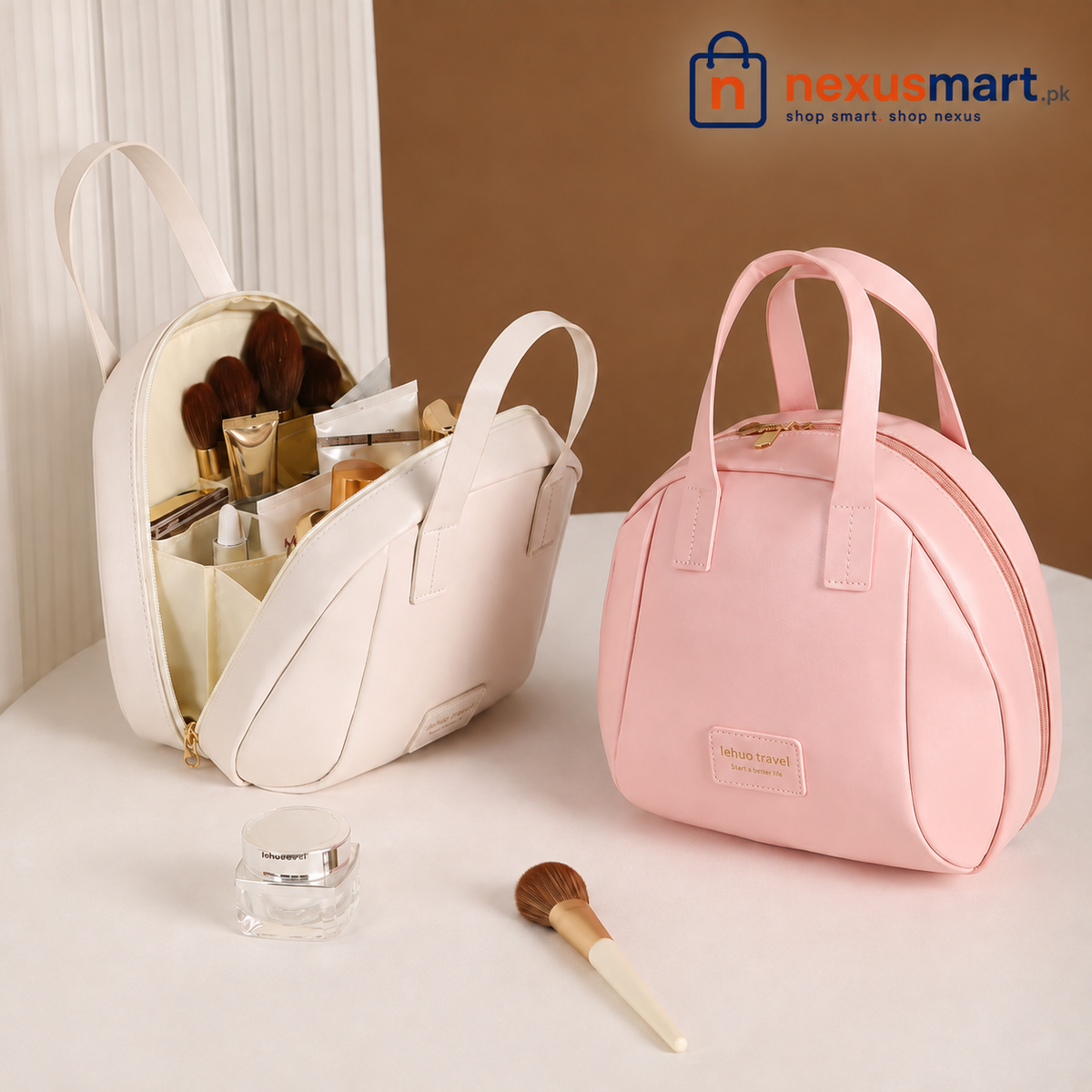 Travel PU Cosmetic Pouch with Handles – Portable Makeup & Toiletry Organizer Bag