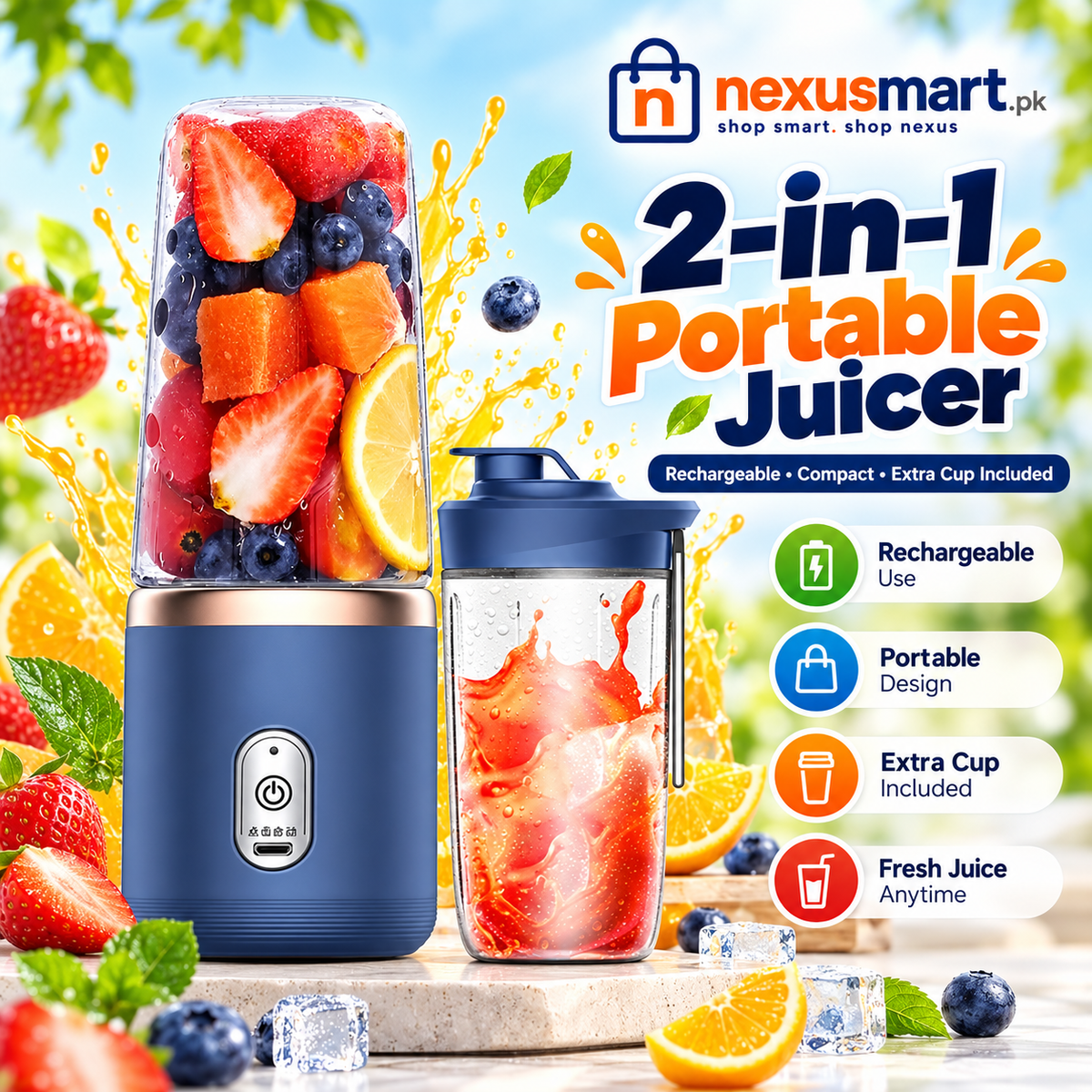 2-in-1 Rechargeable Portable Juicer with Extra Cup