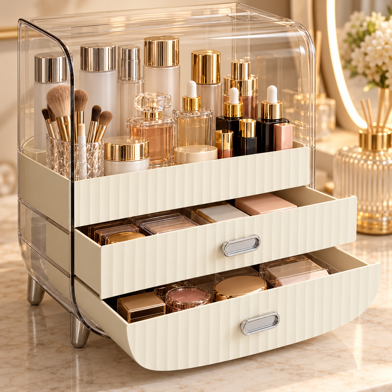 Nordic Cosmetic Storage Organizer with 2 Drawers & Transparent Cover