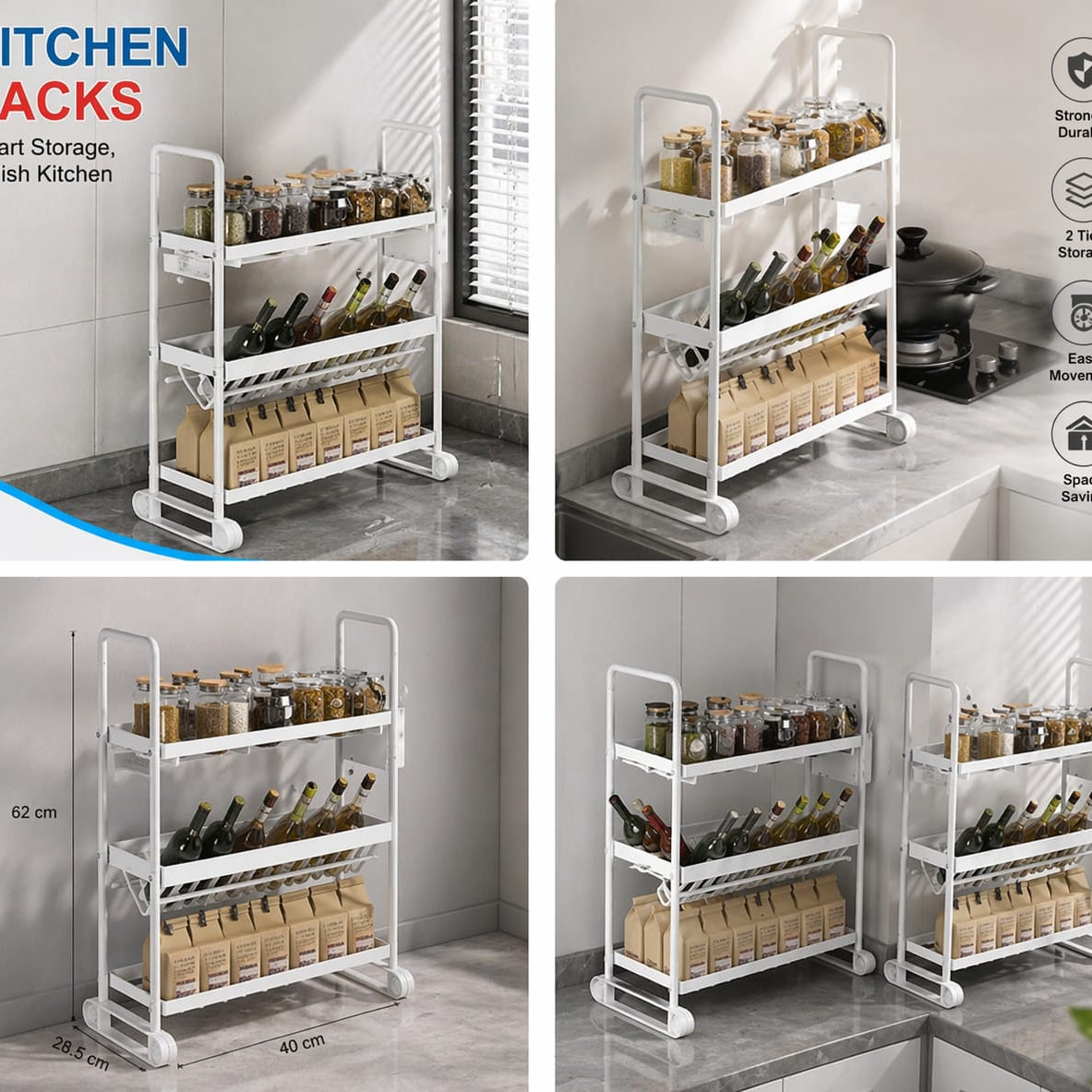 2-Tier Mobile Kitchen Storage Rack – Space-Saving Multipurpose Organizer