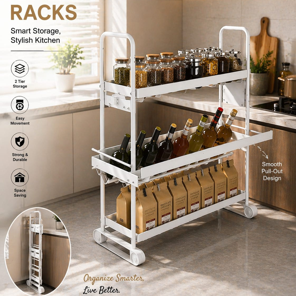 2-Tier Mobile Kitchen Storage Rack – Space-Saving Multipurpose Organizer