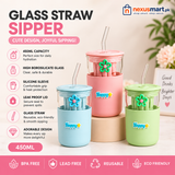 350ml Glass Straw Sipper – Cute Portable Water Bottle with Flip Lid