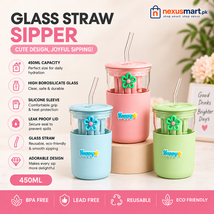 350ml Glass Straw Sipper – Cute Portable Water Bottle with Flip Lid