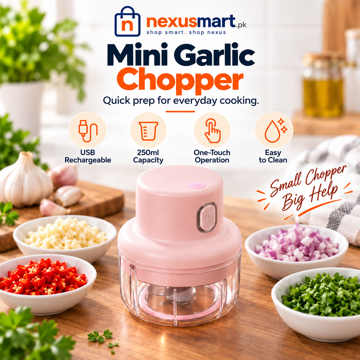 250ml USB Rechargeable Mini Garlic Chopper – Portable Food Grinder