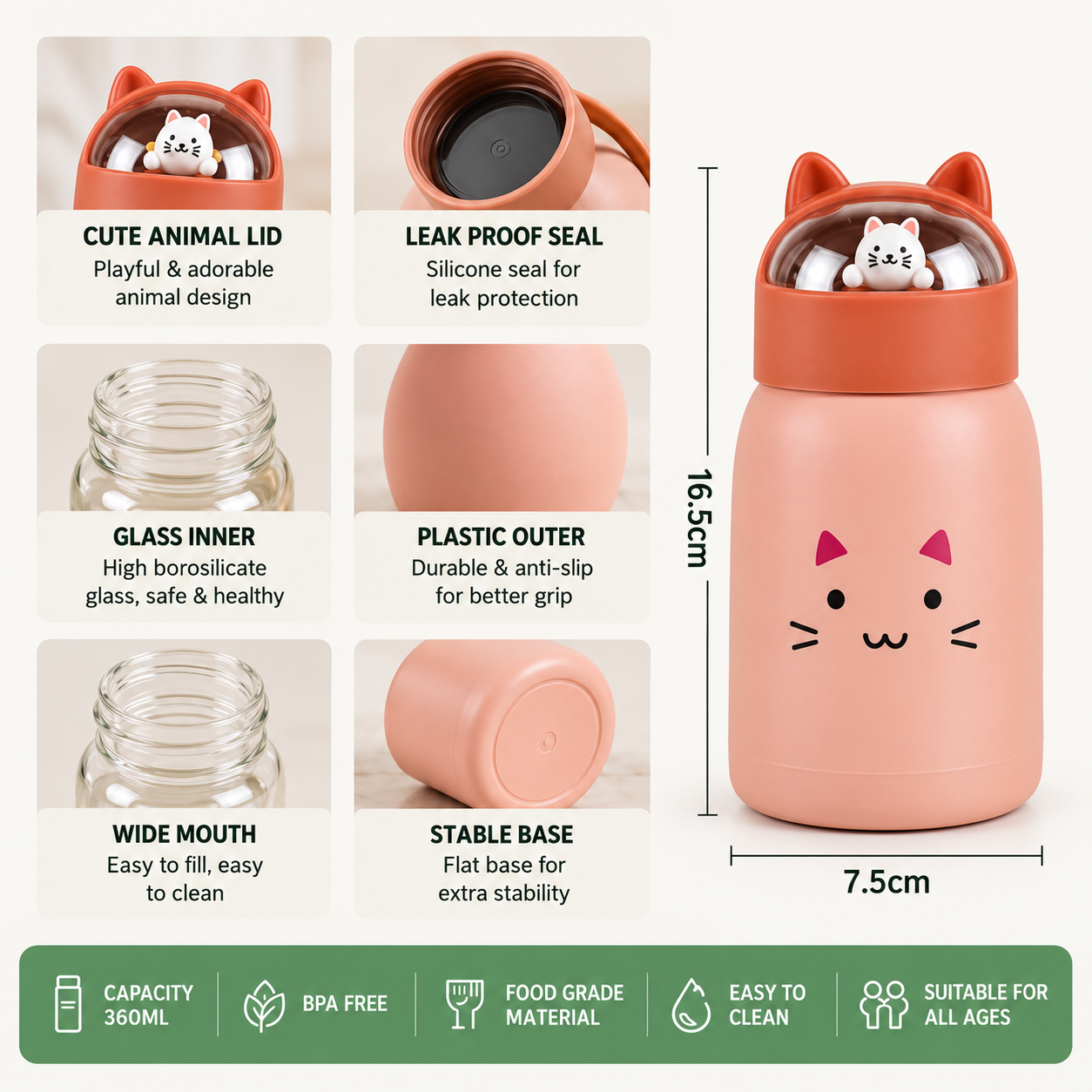 360ml Animal-Design Water Bottle – Cute Compact Reusable Bottle