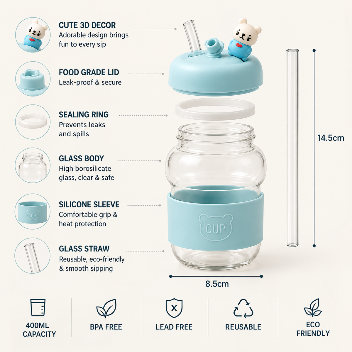 Cute Glass Straw Sipper – Reusable Stylish Drinking Cup