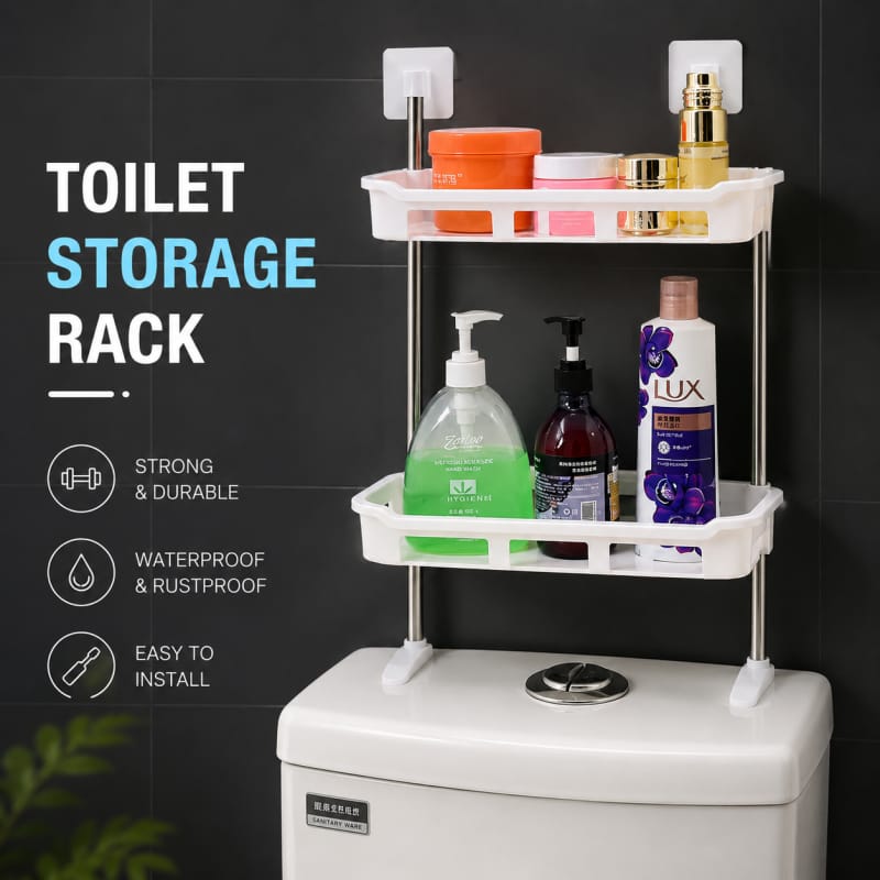 2-Layer Bathroom Storage Rack – Space-Saving Over-Toilet Organizer with Hooks