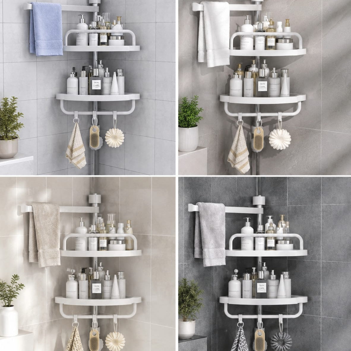 2-Layer Multi Corner Bathroom Shelf with Towel Bar & Hooks – Space-Saving Organizer