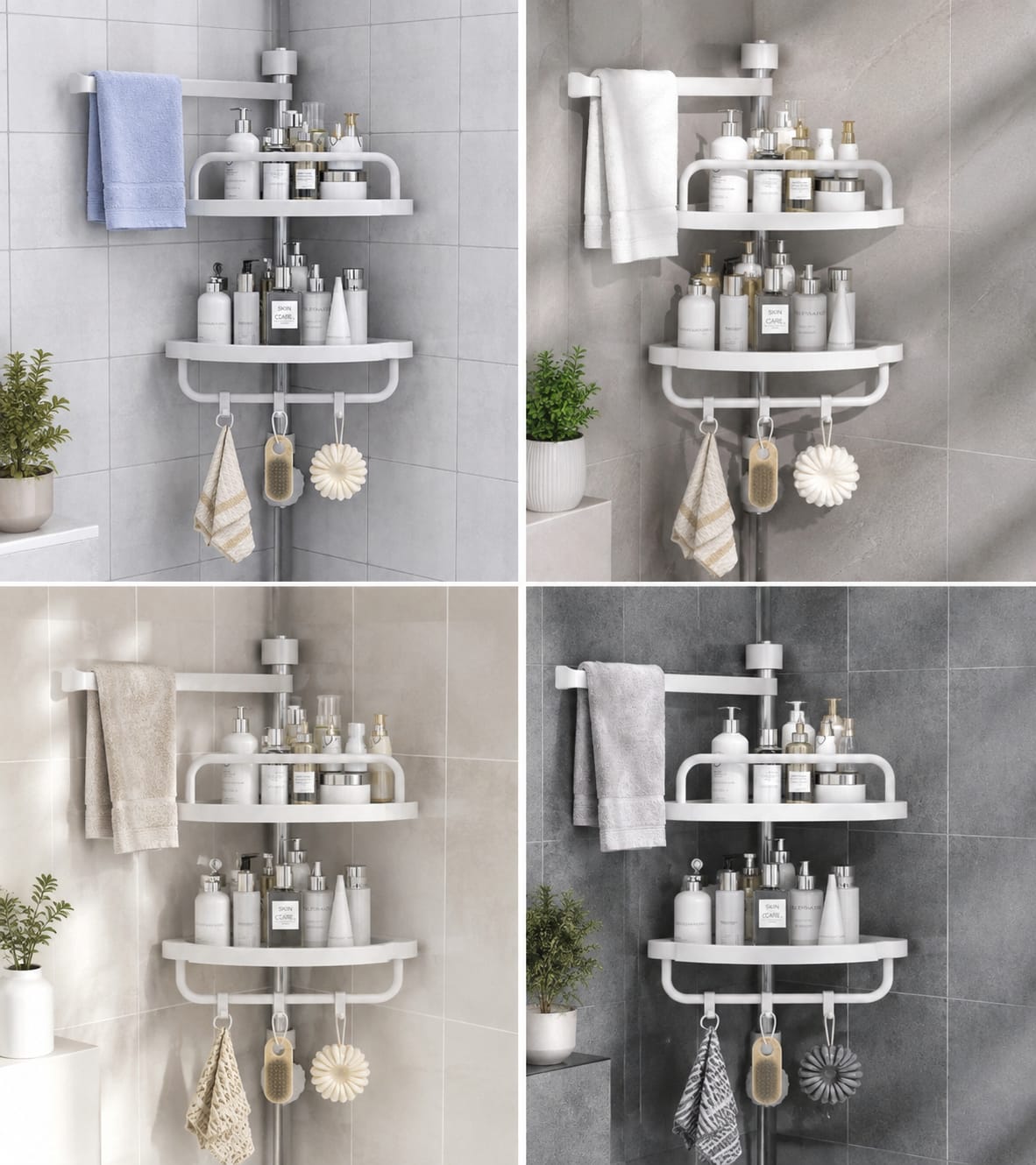 2-Layer Multi Corner Bathroom Shelf with Towel Bar & Hooks – Space-Saving Organizer