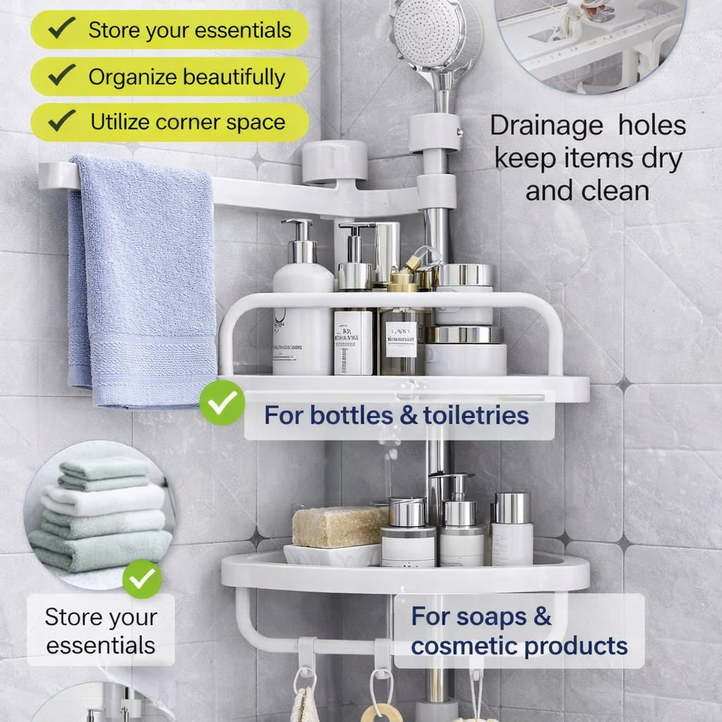 2-Layer Multi Corner Bathroom Shelf with Towel Bar & Hooks – Space-Saving Organizer