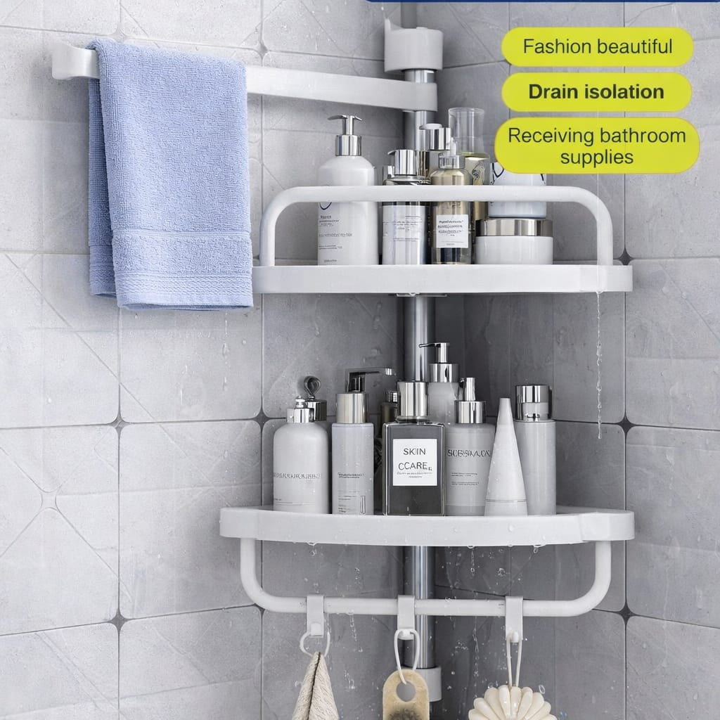 2-Layer Multi Corner Bathroom Shelf with Towel Bar & Hooks – Space-Saving Organizer