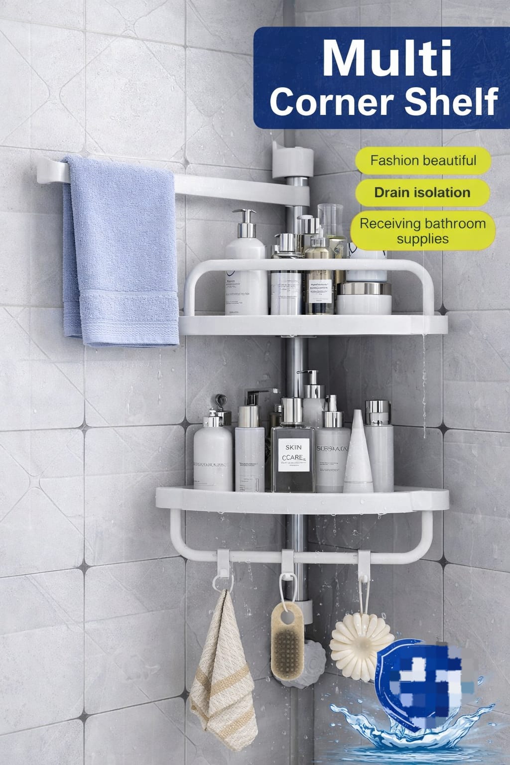 2-Layer Multi Corner Bathroom Shelf with Towel Bar & Hooks – Space-Saving Organizer