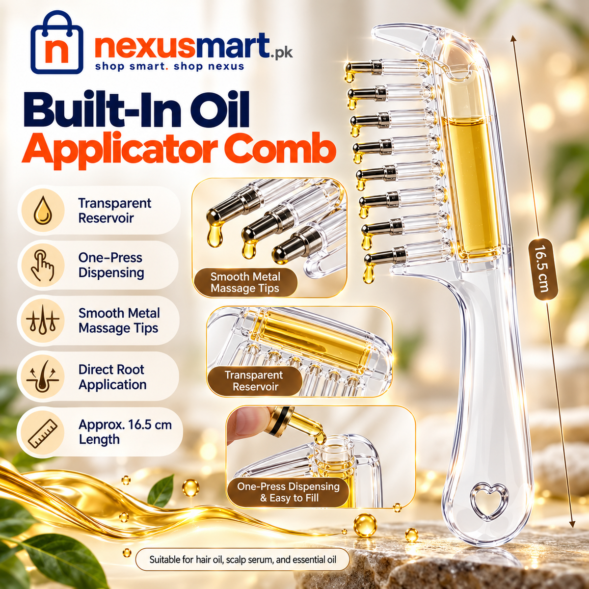 Transparent Hair Oil Comb Applicator with Built-In Liquid Reservoir