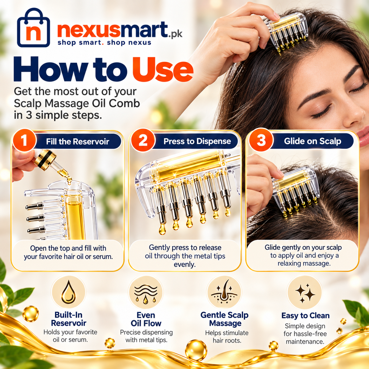 Transparent Hair Oil Comb Applicator with Built-In Liquid Reservoir
