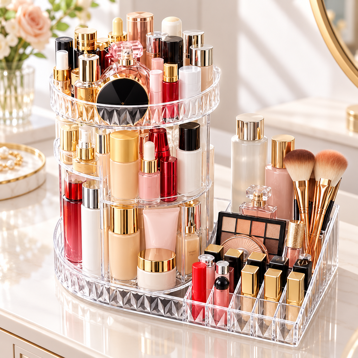 360° Rotating Jewelry Organizer with Dual Lipstick Tray Holder
