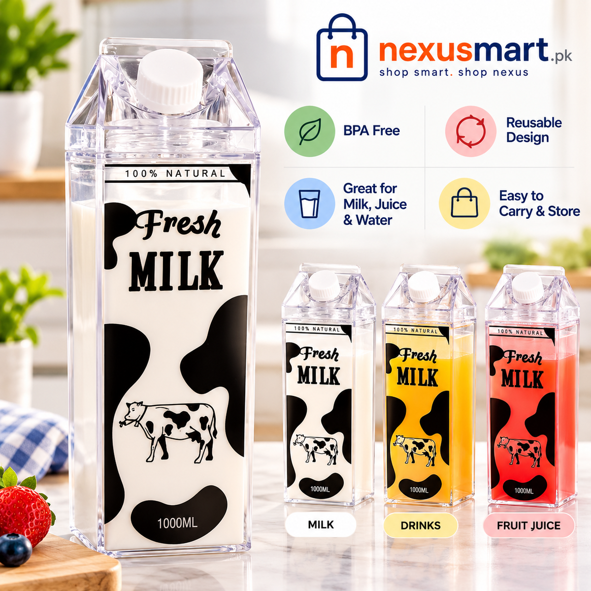 Cow Print Milk Carton Bottle 1000ml – BPA-Free Drink Bottle