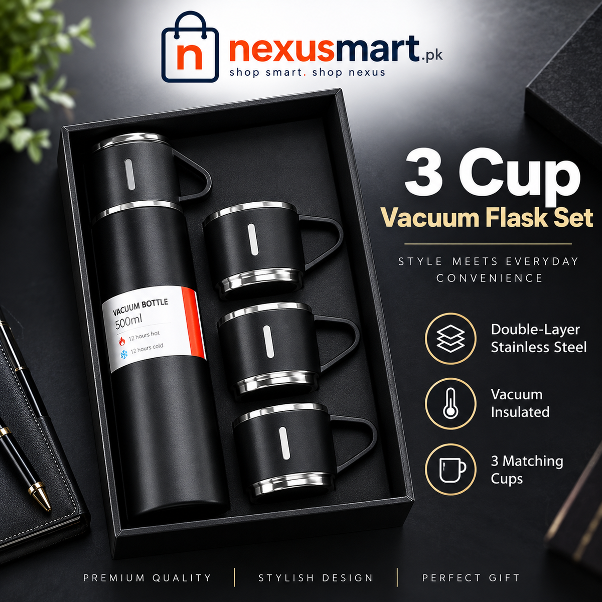 3-Cup Double-Layer Stainless Steel Vacuum Flask Set – Serving Flask with Cups
