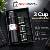 3-Cup Double-Layer Stainless Steel Vacuum Flask Set – Serving Flask with Cups