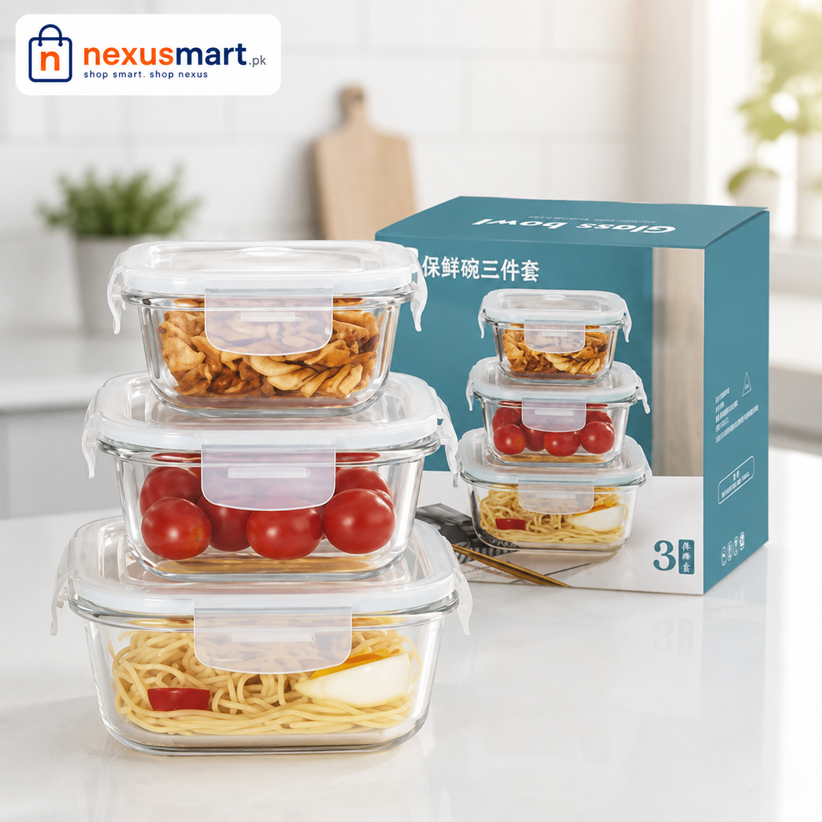 Heavy Borosilicate Glass Bowls Set of 3 with Airtight Lids and Box