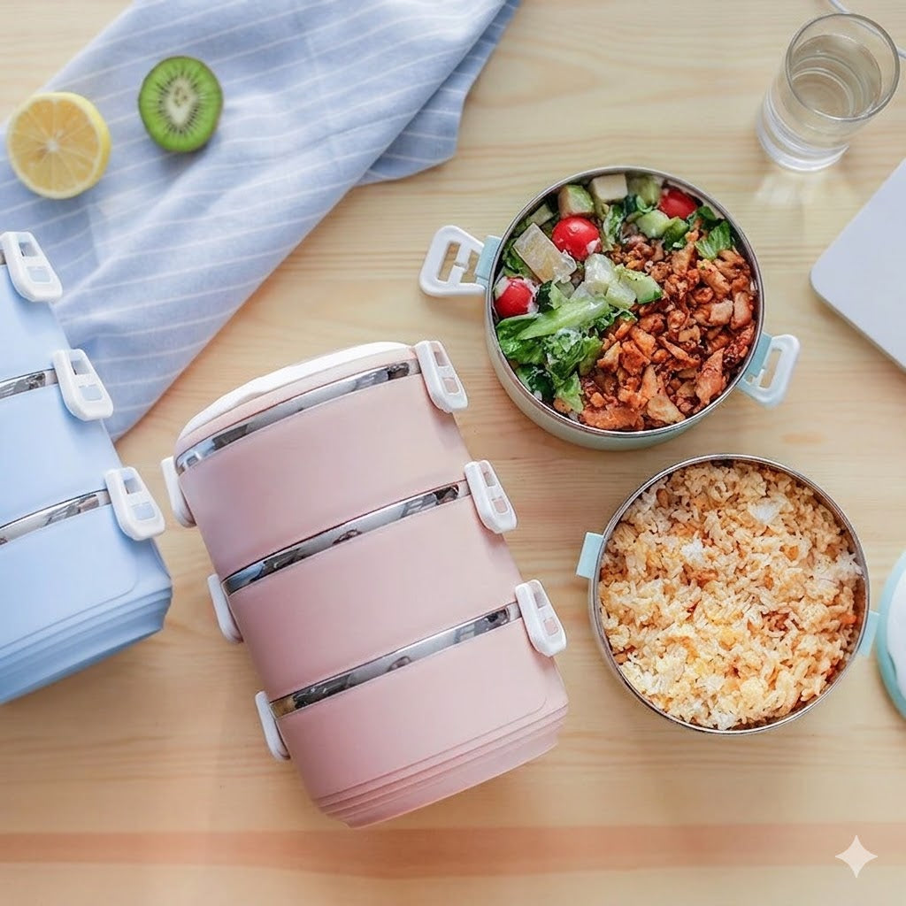 3-Layer Insulated Lunch Box Stainless Steel view 2 - Nexusmart Pakistan