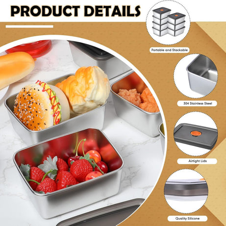 4Pcs Stainless Steel Food Containers with Lids – Dishwasher & Freezer Safe