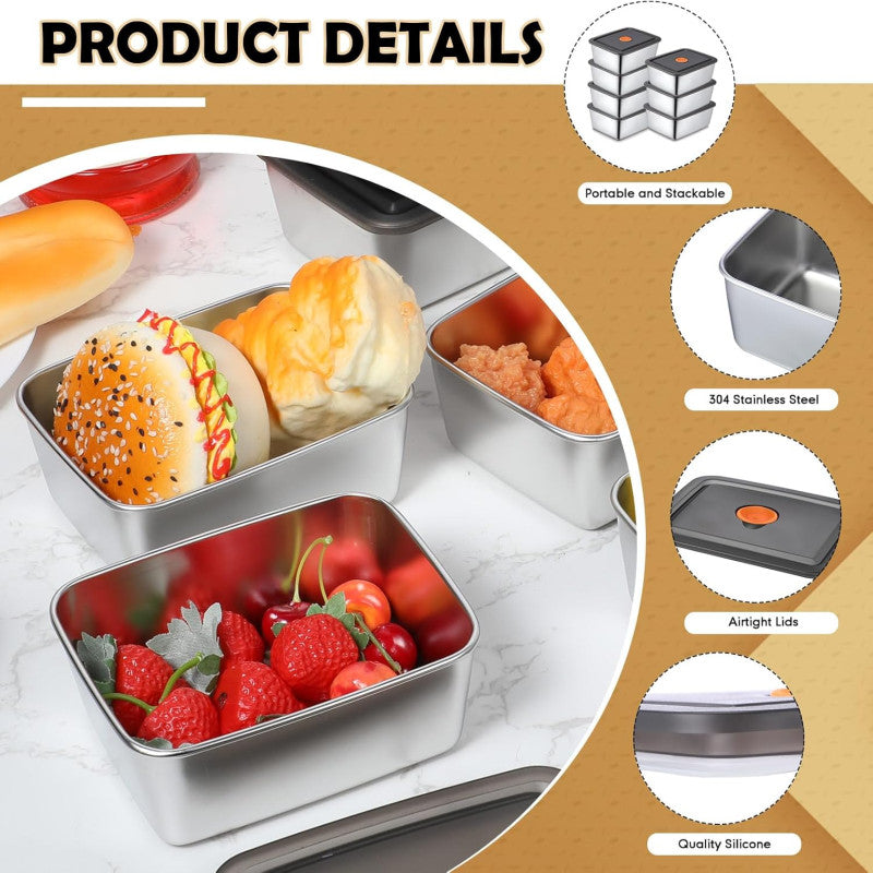 4Pcs Stainless Steel Food Containers with Lids – Dishwasher & Freezer Safe