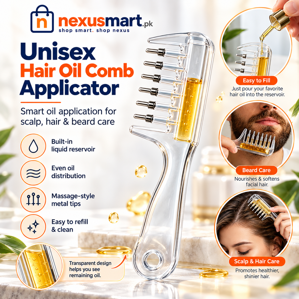 Transparent Hair Oil Comb Applicator with Built-In Liquid Reservoir