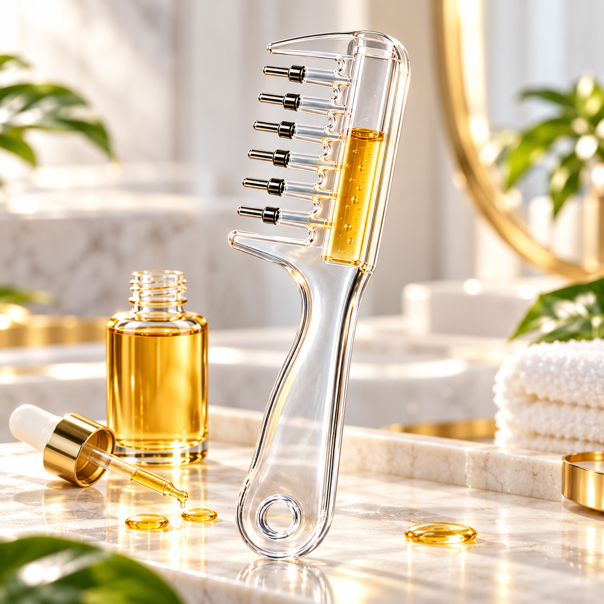 Transparent Hair Oil Comb Applicator with Built-In Liquid Reservoir