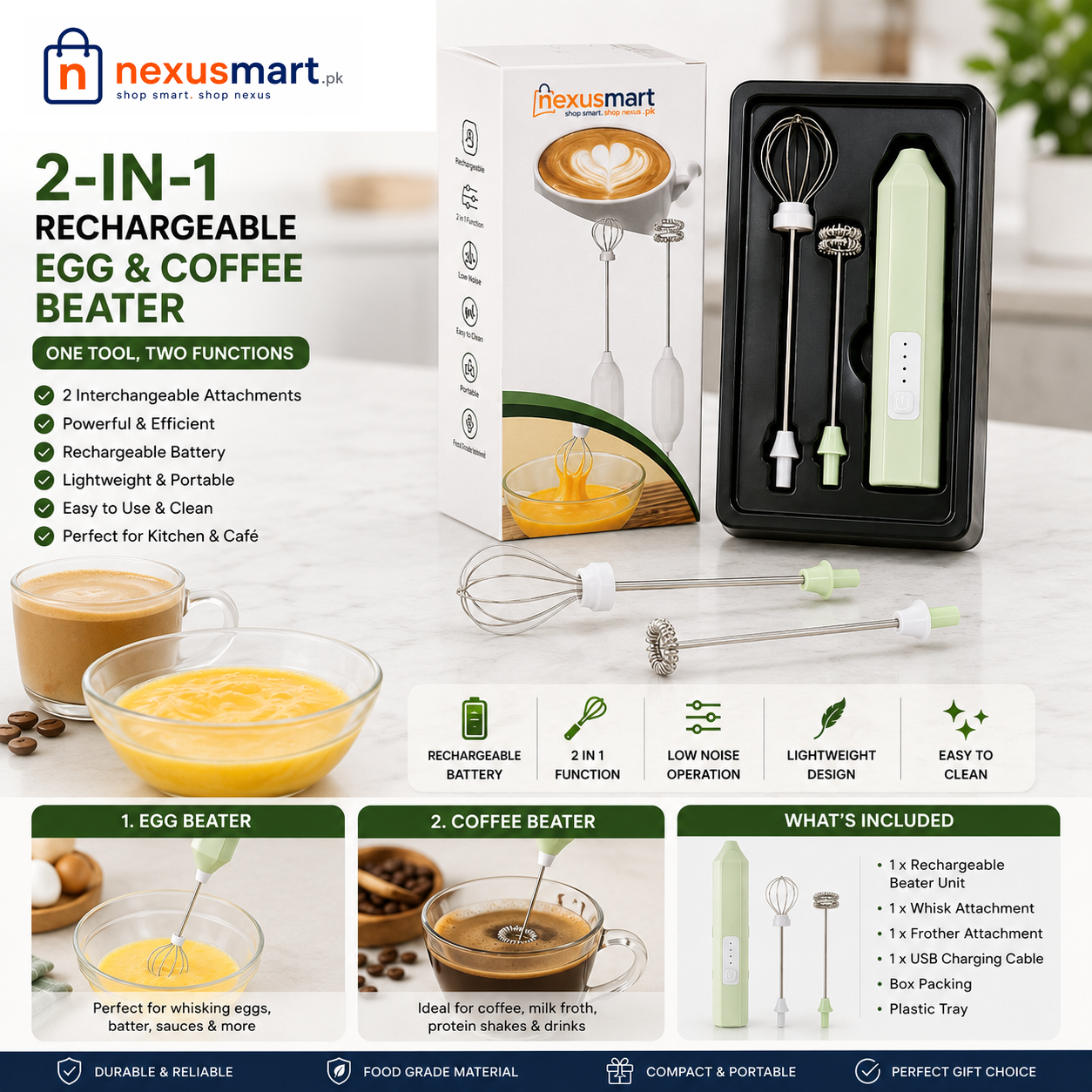 2-in-1 Rechargeable Egg & Coffee Beater with 2 Whisk Attachments & Box Packing
