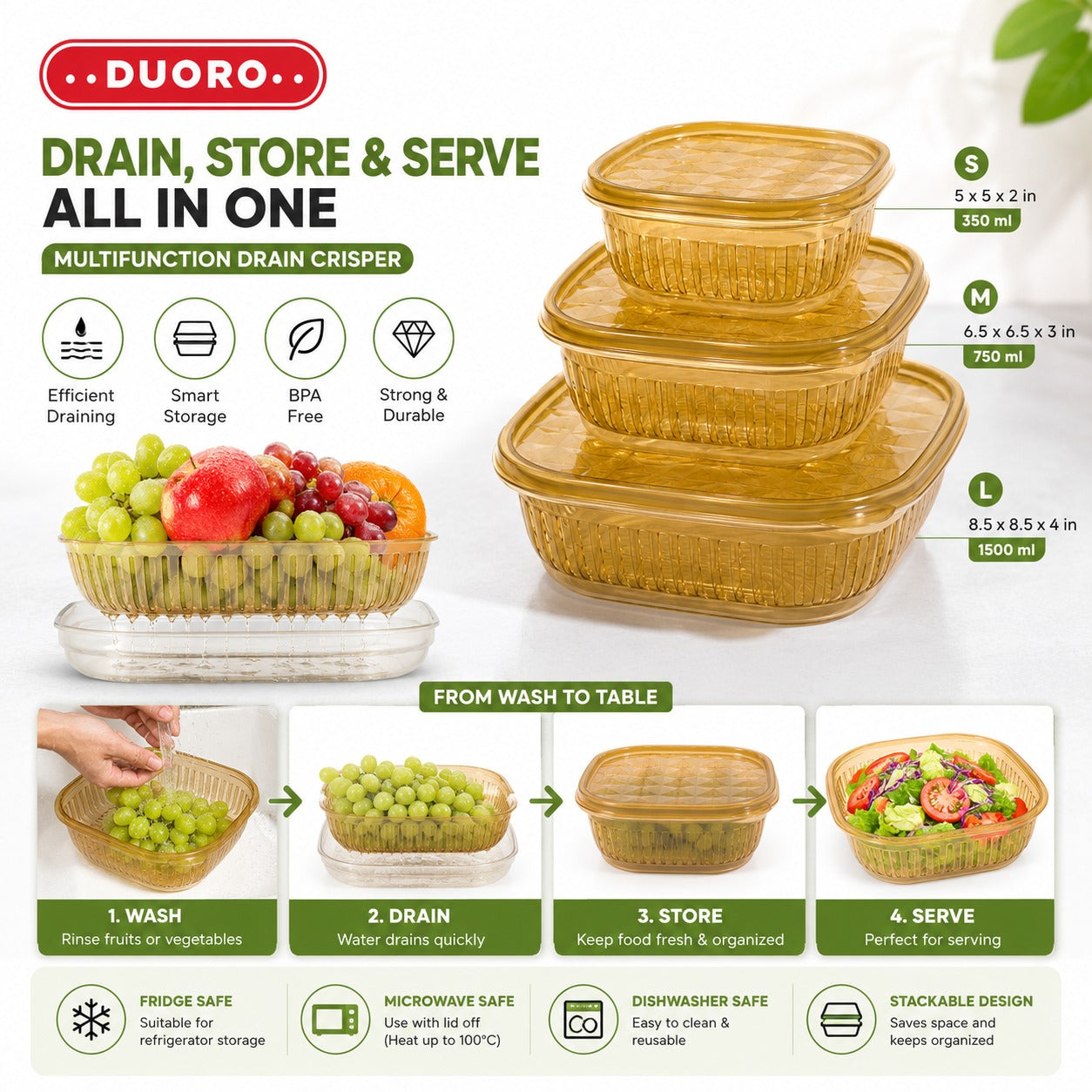 3-Piece Duoro Drain Food Storage Container Set – Stackable Fridge Organizer