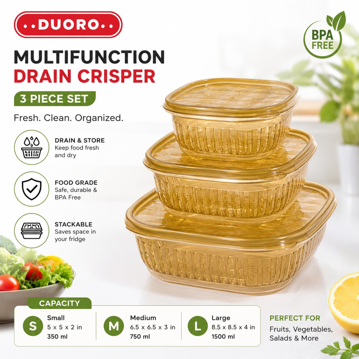 3-Piece Duoro Drain Food Storage Container Set – Stackable Fridge Organizer