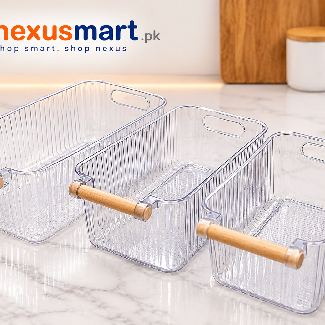 Fluted Storage Bin with Bamboo Handle – Multipurpose Home Organizer