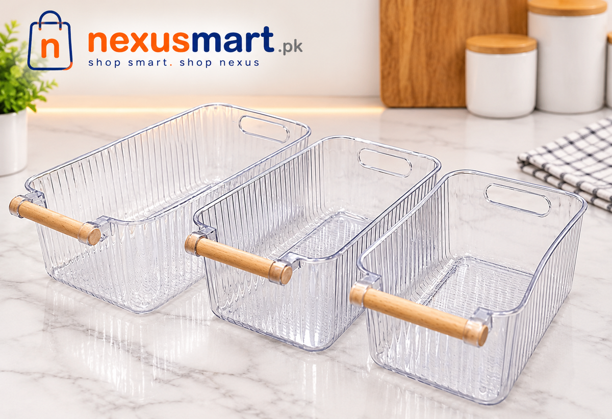 Fluted Storage Bin with Bamboo Handle – Multipurpose Home Organizer
