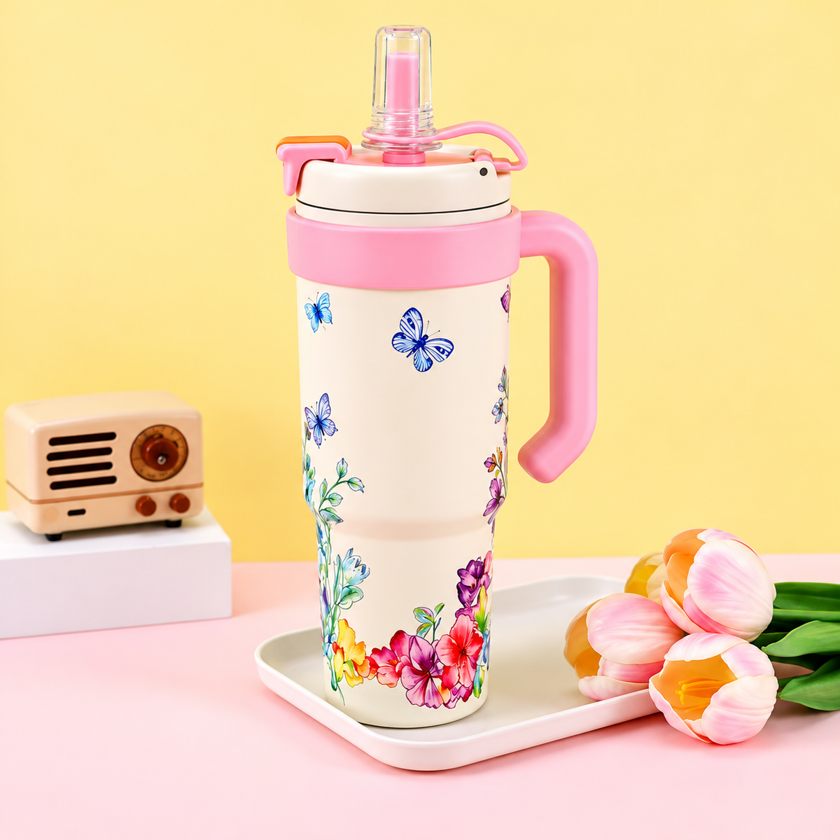 1000ml Insulated Vacuum Floral Tumbler with Handle & Straw