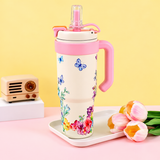 1000ml Insulated Vacuum Floral Tumbler with Handle & Straw