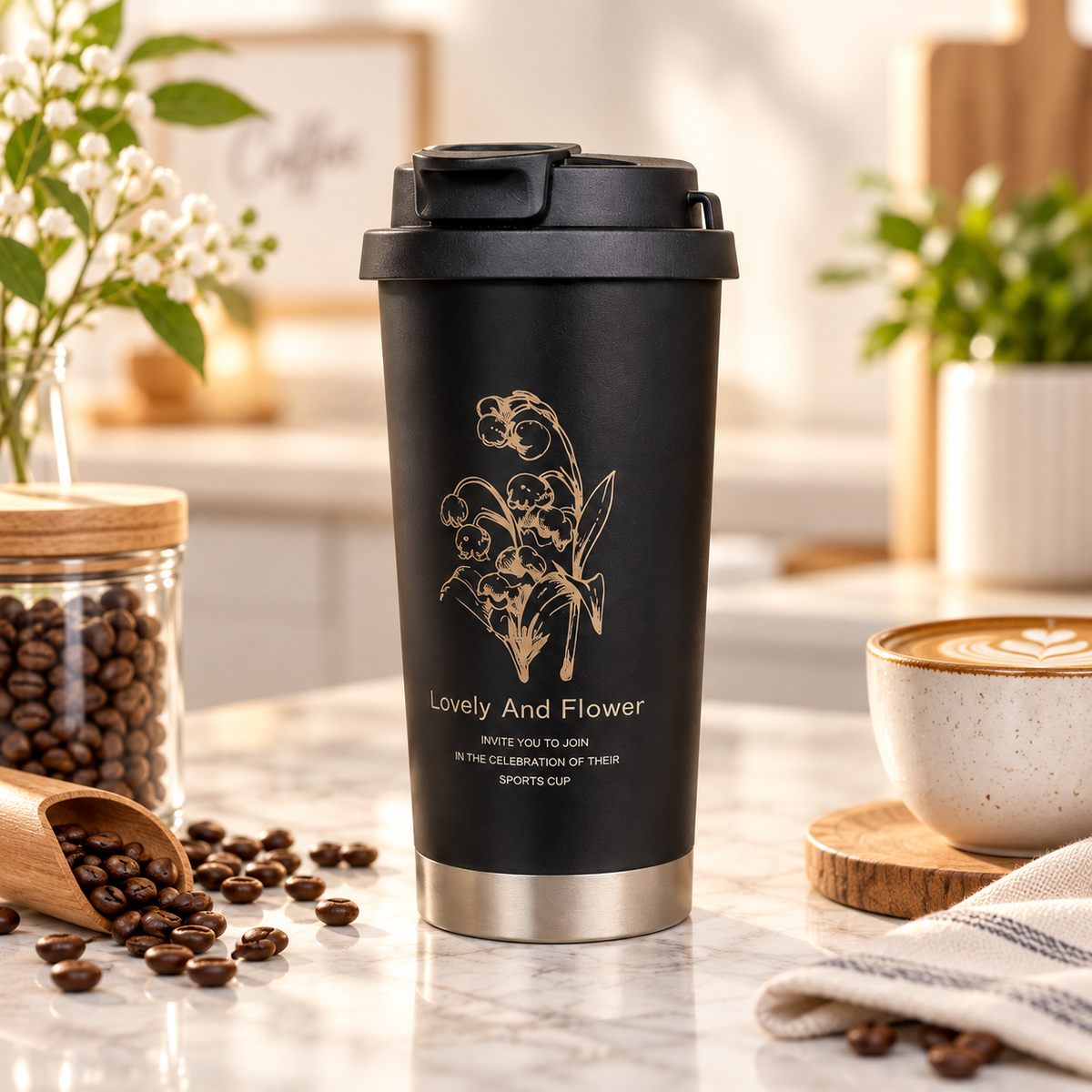 500ml Insulated Stainless Steel Travel Coffee Mug with Leak-Proof Lid, Strap & Straw